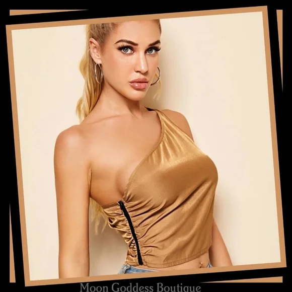 Shein ✦ Satin Gold One-Shoulder Cropped Top ✦ XS Side Zip Asymmetric Silky NWT - Picture 2 of 10